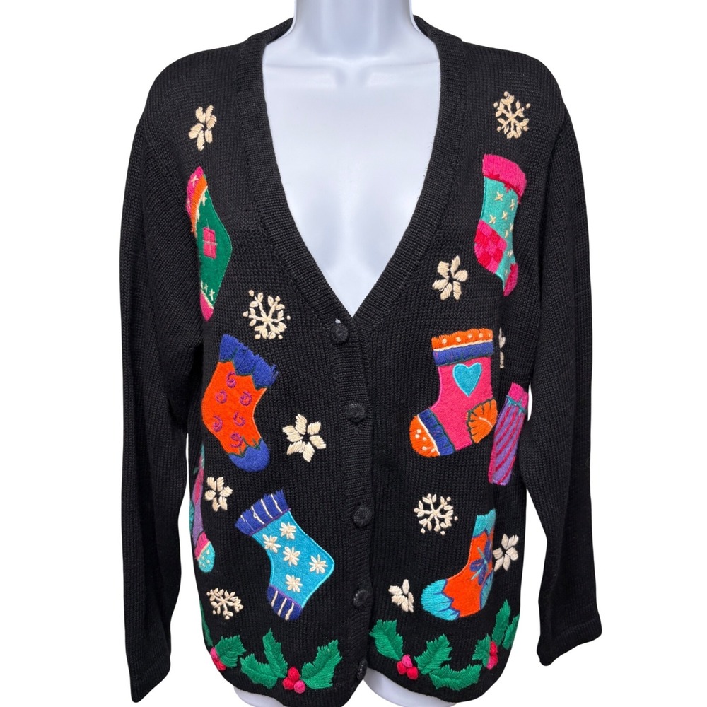 VICTORIA JONES Womens Black Embroidered Christmas Stocking Cardigan M Kitschy